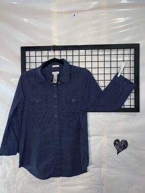 liz & co. Stretchy Polka Dot Button-Up blue with white polkadots shirt